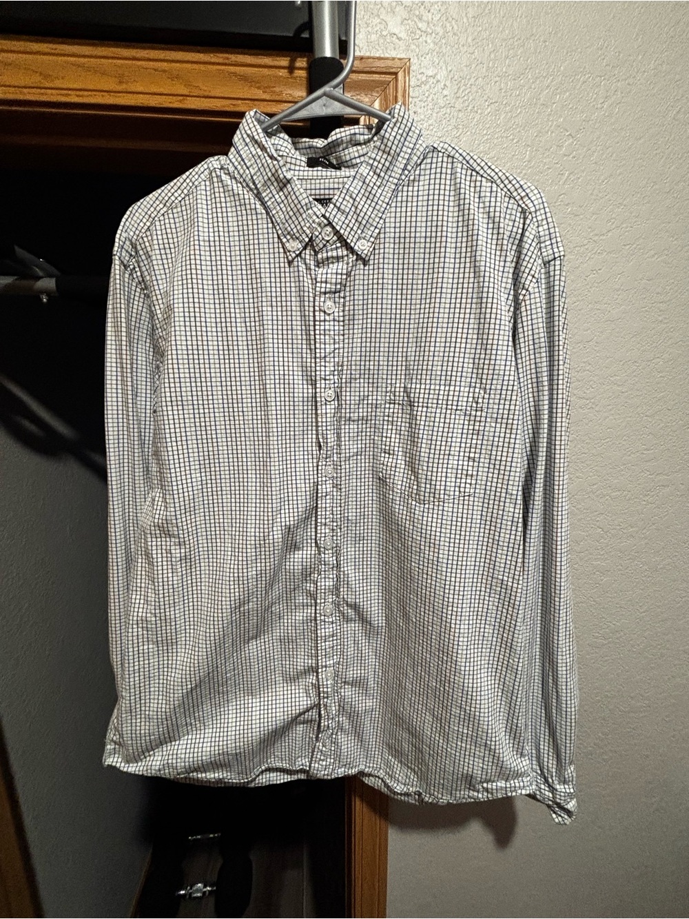 J. Crew Men’s White and Blue Micro-Check Button-Down Shirt Slim Flex